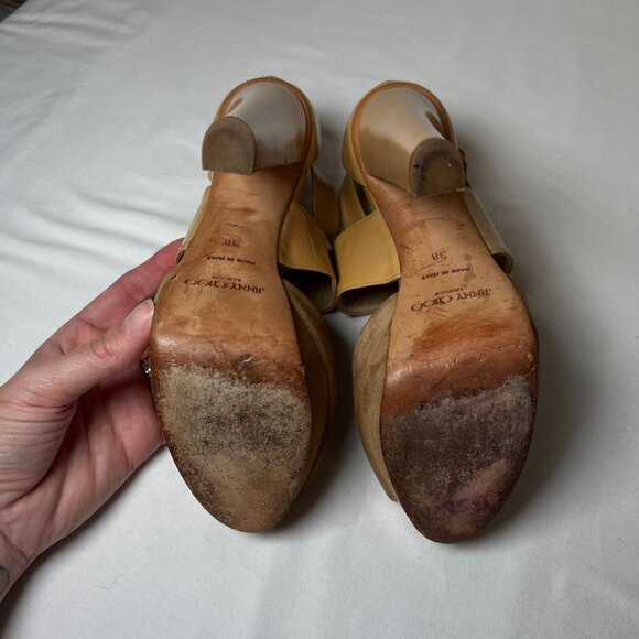 Jimmy Choo Fiery Patent Platform Ankle Strap Heel Sandals Beige EU 38 US 8 Luxe - Picture 14 of 16